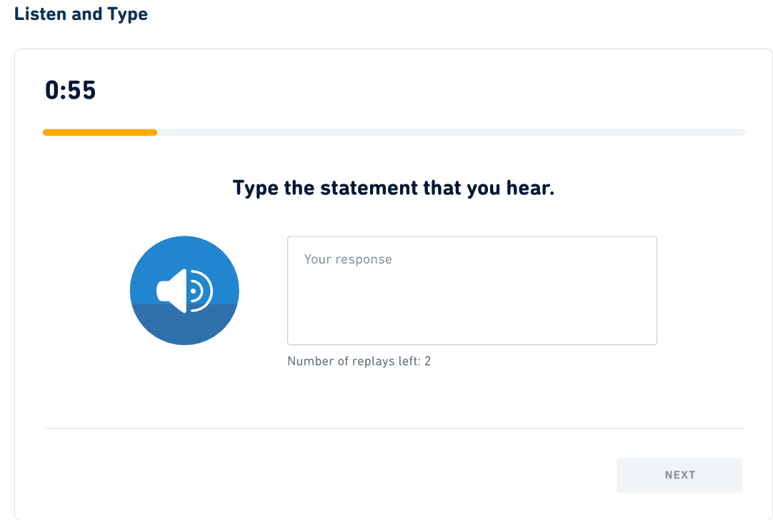 Det soru türünün bir ekran görüntüsü: "Listen and Type"