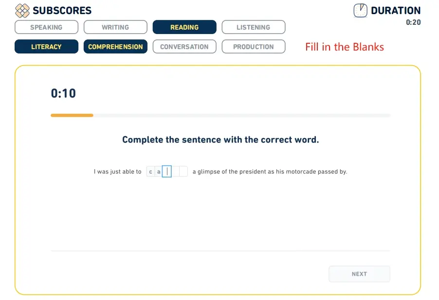A screenshot of the det question type: "Fill in the Blanks"