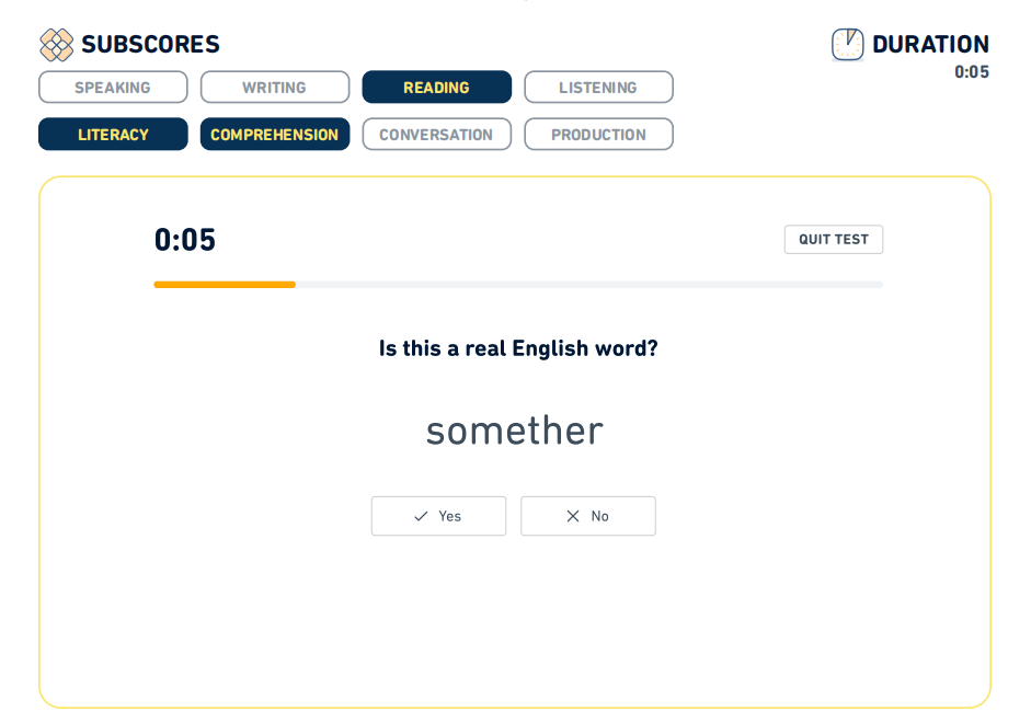 Duolingo 시험의 "읽고 선택하기" 질문 유형의 스크린샷입니다.