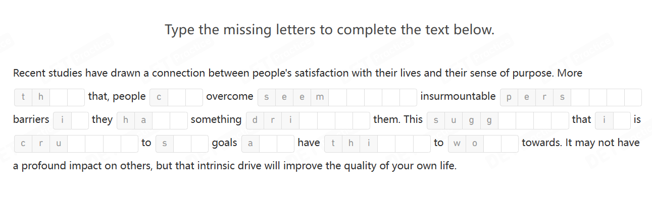 Une capture d'écran d'une question d'exemple pour "Read and Complete" dans le DET.