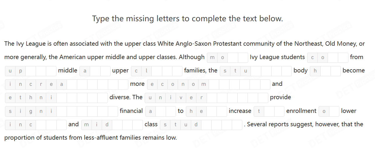 Une capture d'écran d'une question d'exemple pour "Read and Complete" dans le DET.