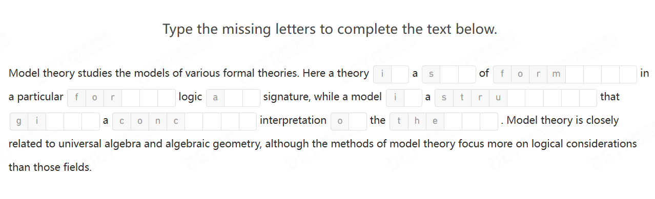 Une capture d'écran d'une question d'exemple pour "Read and Complete" dans le DET.