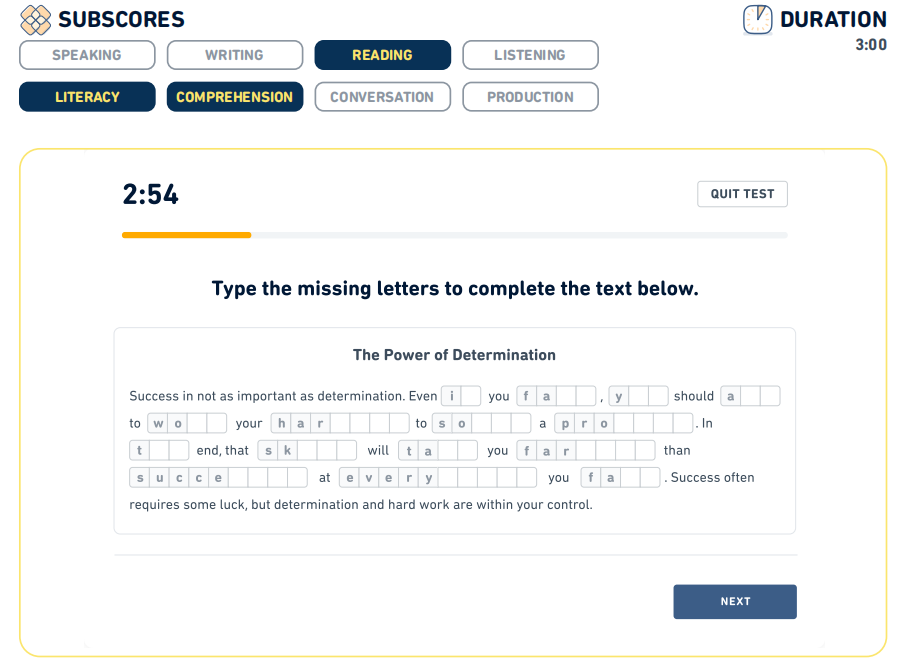 Une capture d'écran du type de question "Read and Complete" du test officiel Duolingo.