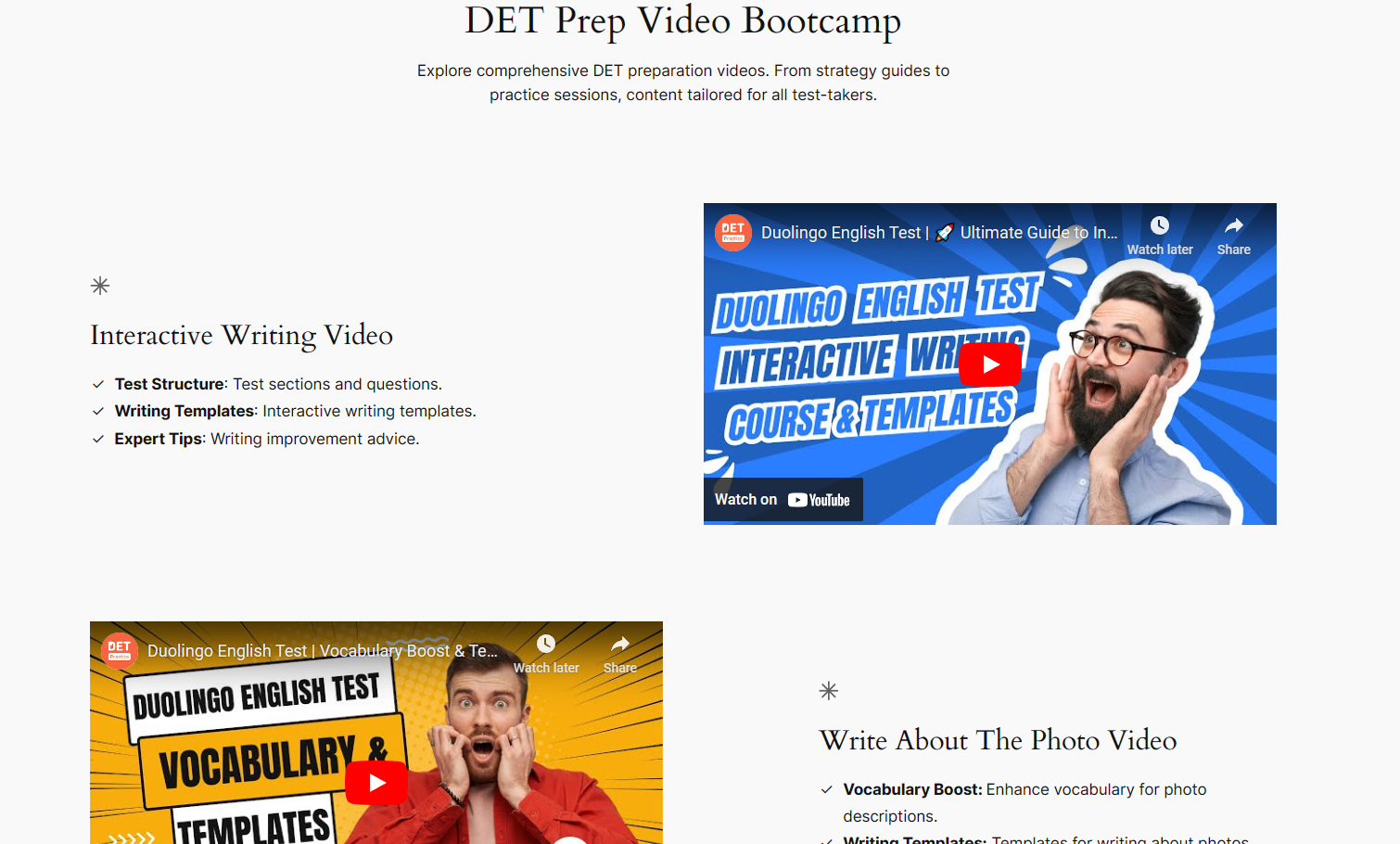 A screenshot of the DET Prep Video Bootcamp.