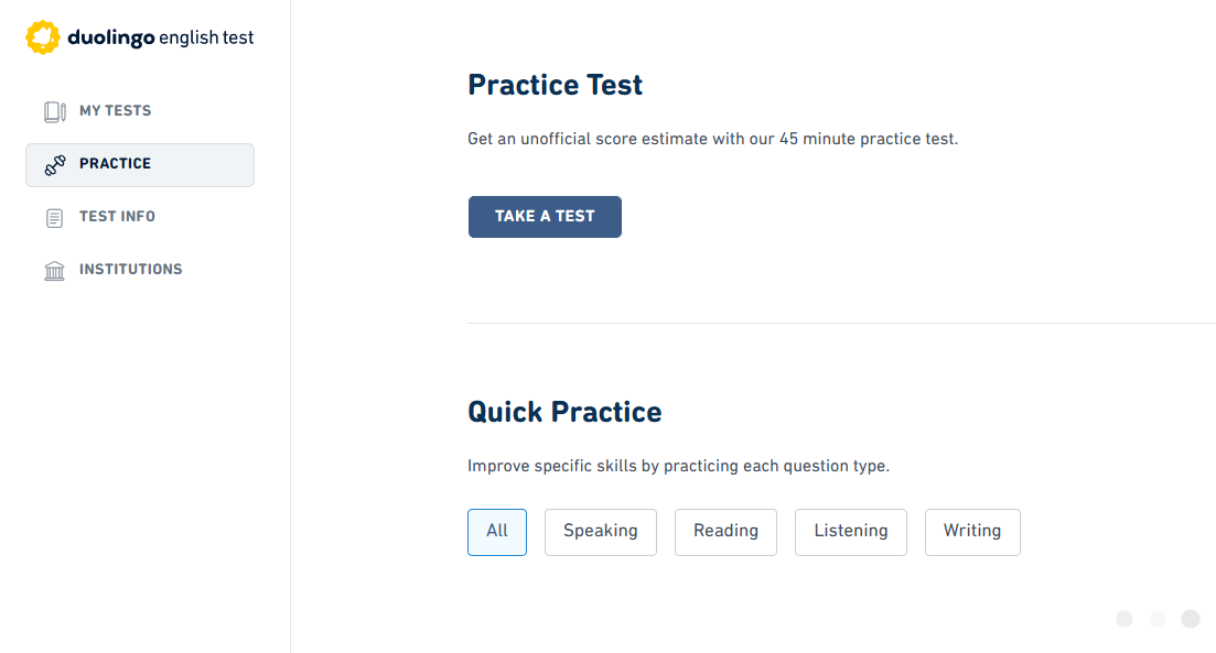 Une photo de la page de pratique officielle du Duolingo English Test.