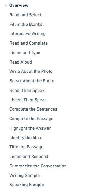 Una ilustración que muestra todos los tipos de preguntas incluidos en el Examen de Inglés de Duolingo.