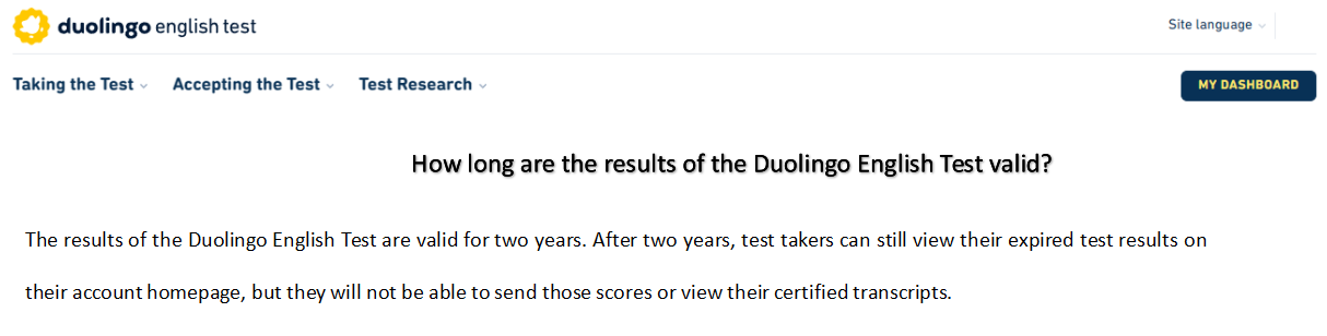 来自Duolingo英语测试官方文档关于成绩有效性的截图。