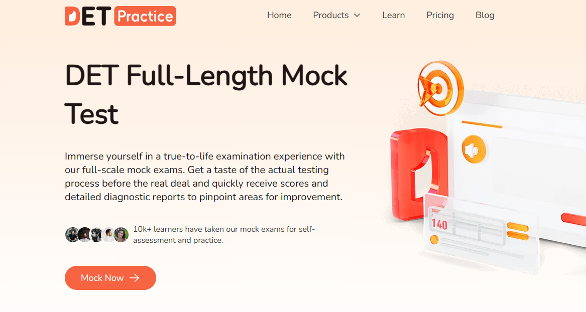 A screenshot from the DETPractice website regarding a mock exam.