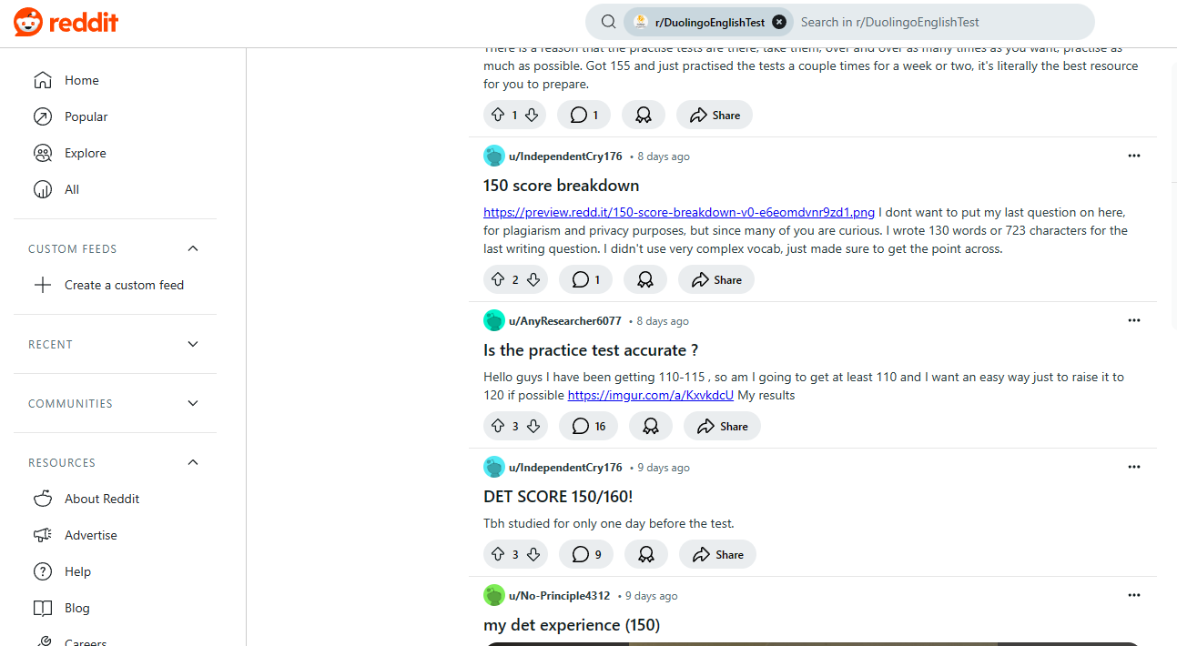 İngilizce Test Duolingo hakkında konuşan Reddit topluluklarından bir ekran görüntüsü.