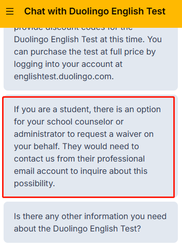 Duolingo英語テストの割引コードに関する公式カスタマーサービスの回答のスクリーンショット。
