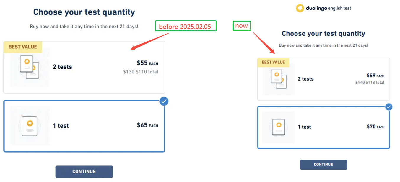 Ein Screenshot, der die Preise des Duolingo English Test vor und nach der Anpassung am 5. Februar 2025 vergleicht.