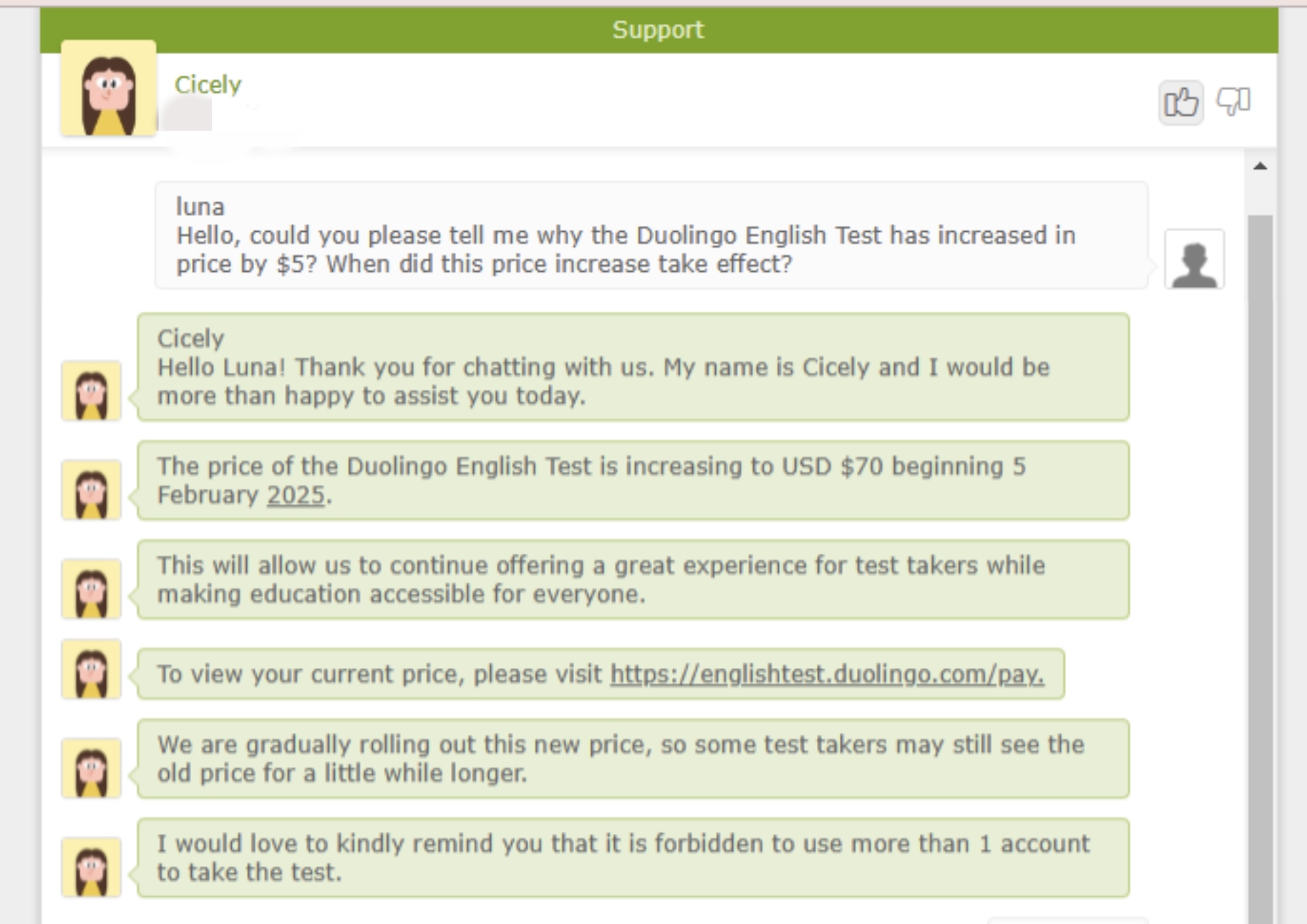 Ein Screenshot der offiziellen Antwort von Duolingo bezüglich des Zeitrahmens und der Gründe für die Preisänderung des English Tests.
