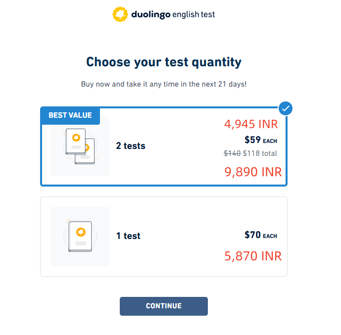An image of the official prices for the Duolingo English Test.