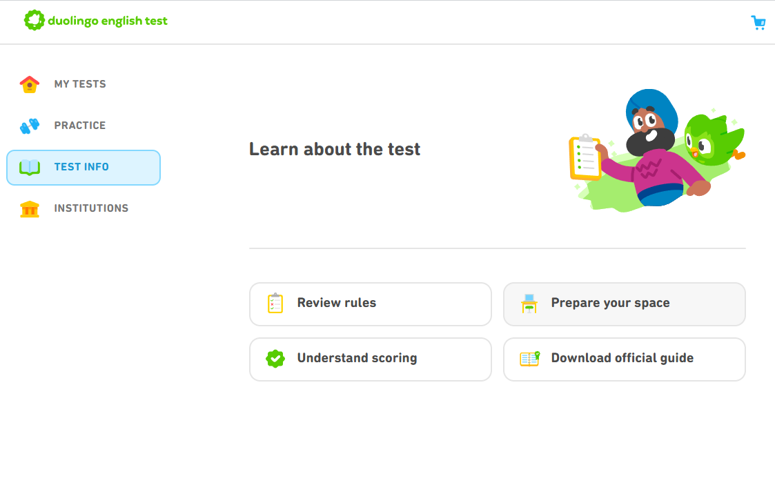 Una captura de pantalla de la última página oficial de Información del Duolingo English Test.