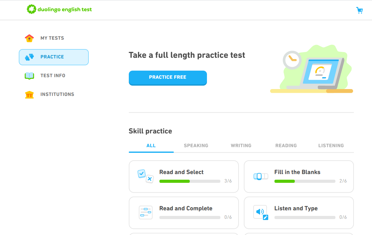 Una captura de pantalla de la página oficial de Práctica del Duolingo English Test, después de la actualización.