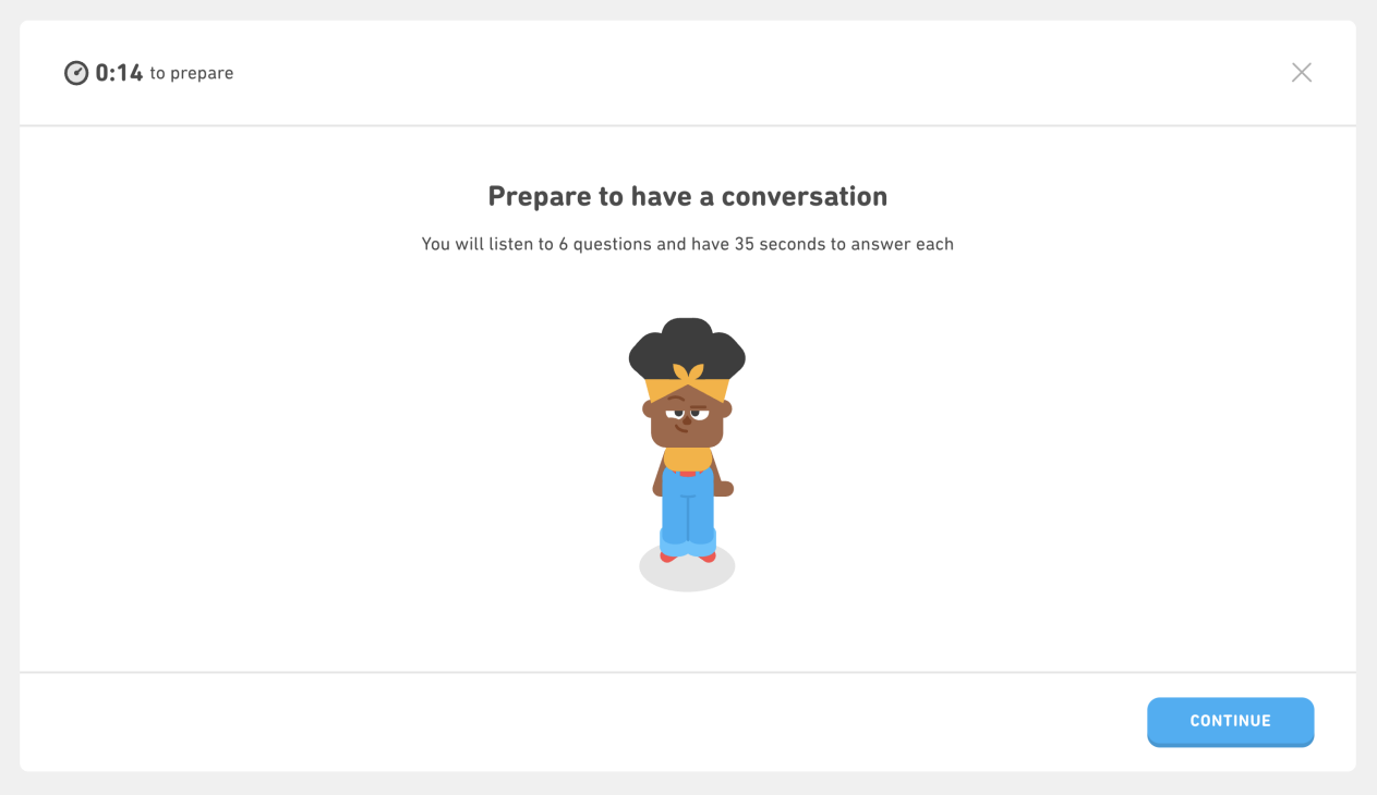 1.Una captura de pantalla del nuevo tipo de pregunta Interacción Oral en la Prueba de Inglés de Duolingo