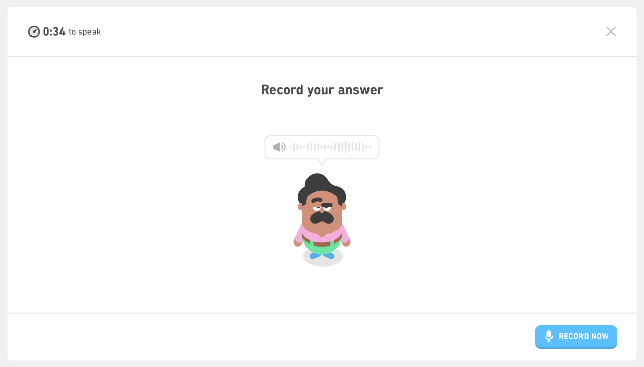 2.Una captura de pantalla del nuevo tipo de pregunta Interacción Oral en la Prueba de Inglés de Duolingo