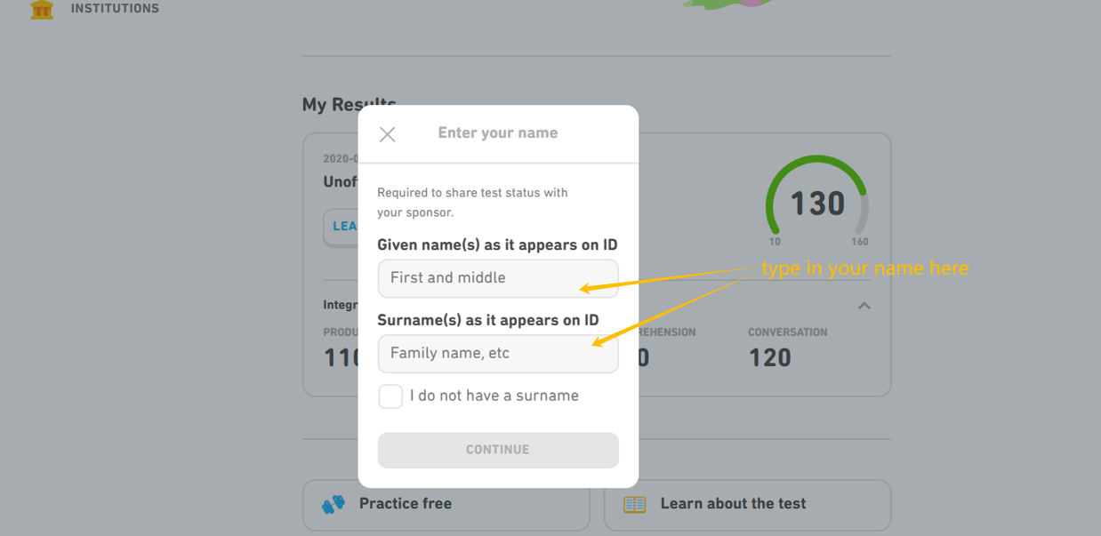 a screenshot showing how to enter your name when sign up for a DET test