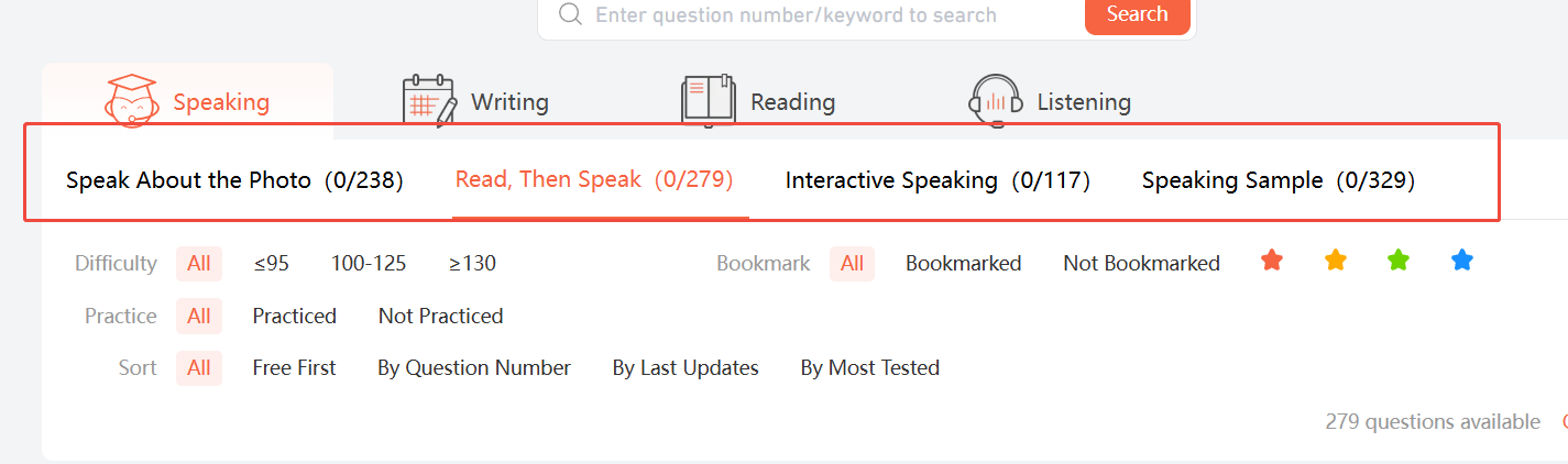 A screenshot of the speaking exercise question types on the DET Practice platform.