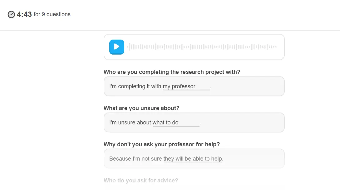 A screenshot of the new Listen and Complete question type in the Duolingo English Test