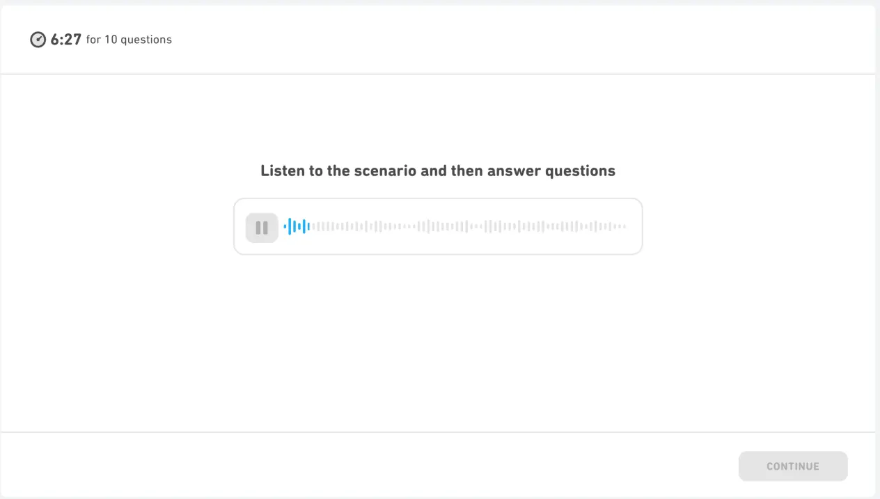 A screenshot of the new Listen and Complete question type in the Duolingo English Test