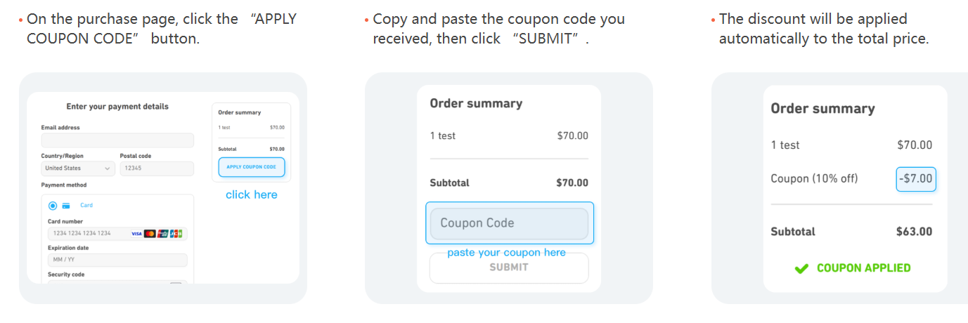A screenshot showing how to use the discount code to purchase the Duolingo English Test.