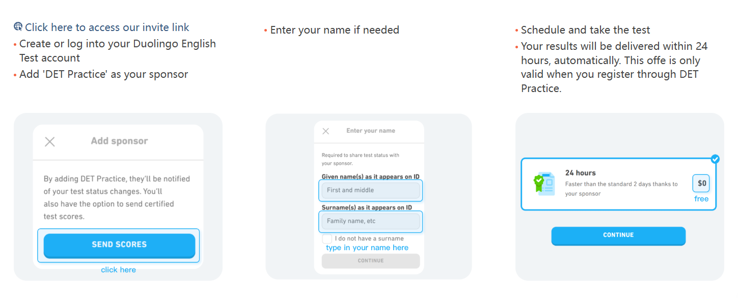A screenshot showing the process of linking DETPractice as an official sponsor for the Duolingo English Test.