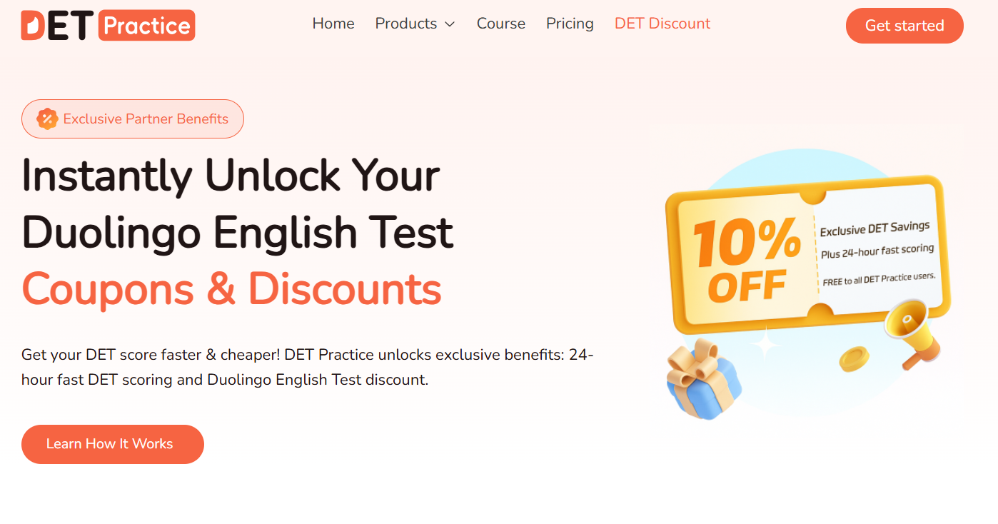 A screenshot of the 10% discount for the Duolingo English Test on DETPractice.