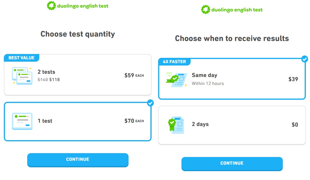 A screenshot of the latest exam prices for the Duolingo English Test and the 12-hour score reporting service.