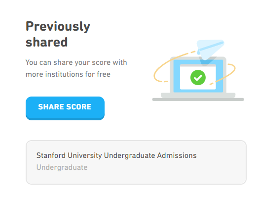 A screenshot of the successful result after sharing institutions for the Duolingo English Test.