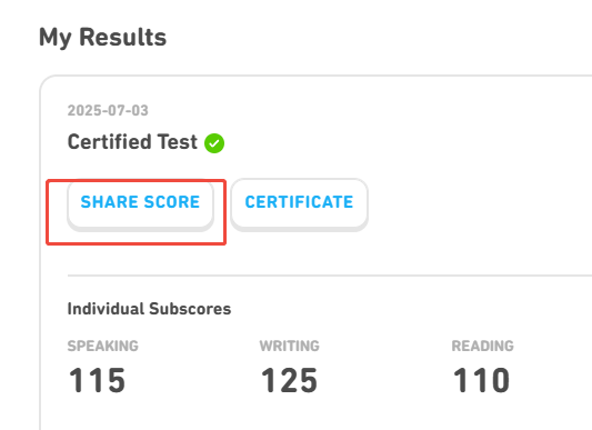 A screenshot sharing scores from the Duolingo English Test.