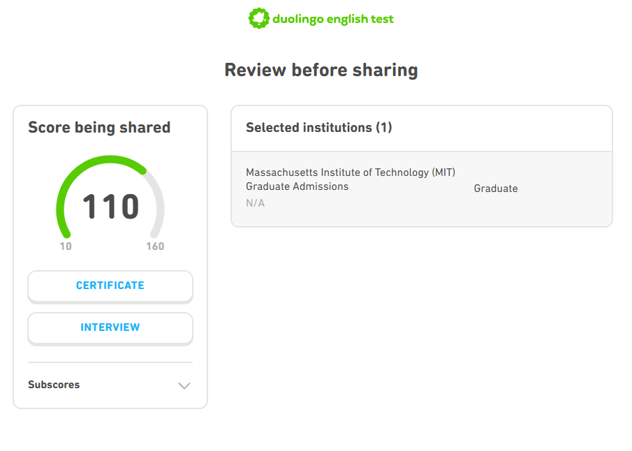 A screenshot confirming the sharing of Duolingo English Test score information.