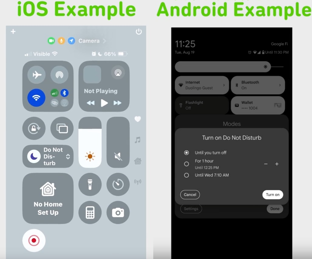 A screenshot of the Do Not Disturb settings for Android and iOS systems in the Duolingo English Test.