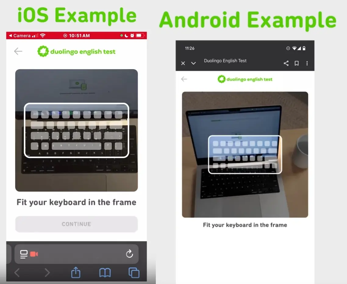 A screenshot for double-checking the keyboard and screen on Android and iOS systems in the Duolingo English Test.