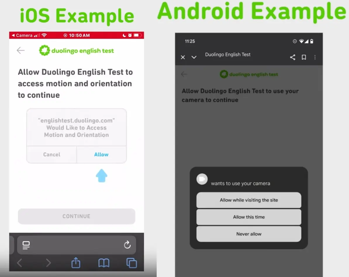 A screenshot of the camera access settings for Android and iOS systems in the Duolingo English Test.