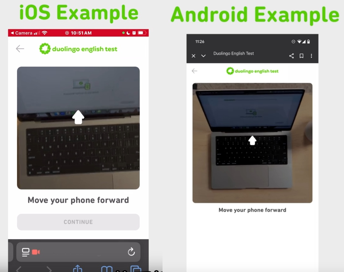 A screenshot of the action to move behind the monitor on Android and iOS systems in the Duolingo English Test.