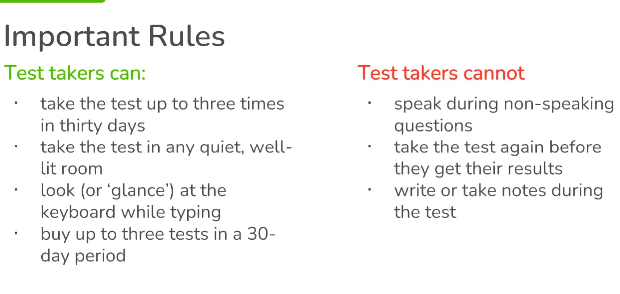 A screenshot of the important rules and requirements for the Duolingo English Test.