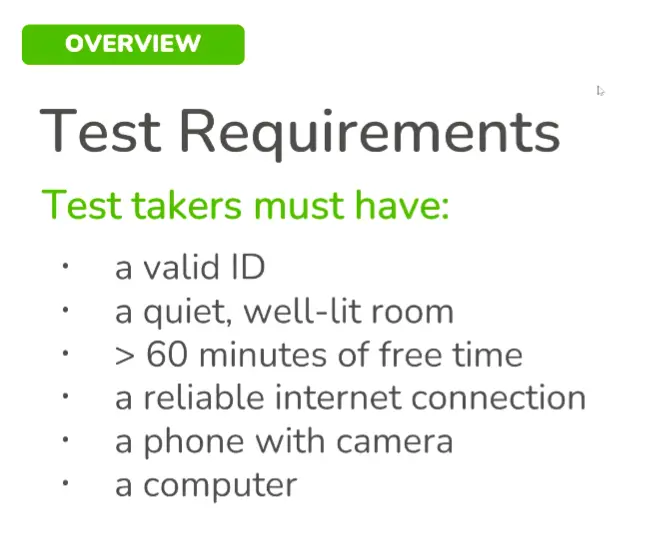 A screenshot of the exam requirements for the Duolingo English Test.