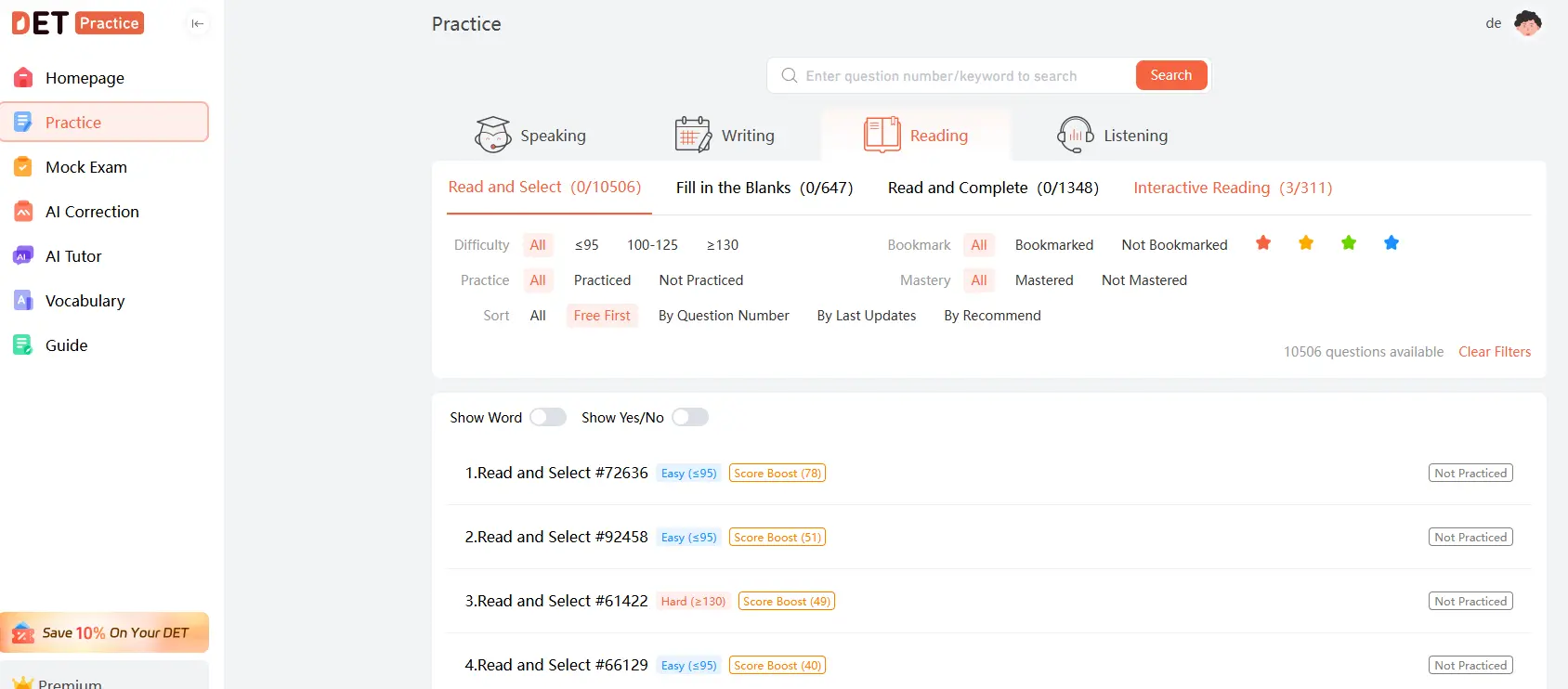 A screenshot from the DETPractice platform showing a question bank for the Duolingo English Test.