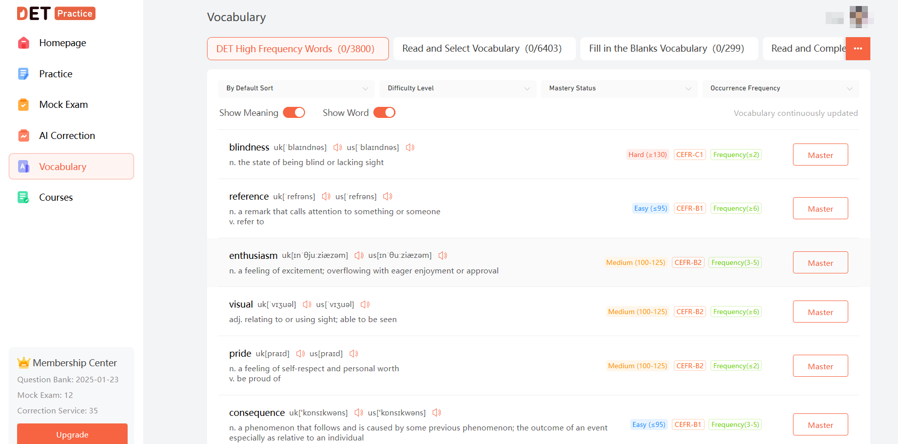 An image of the DETPractice practice page.