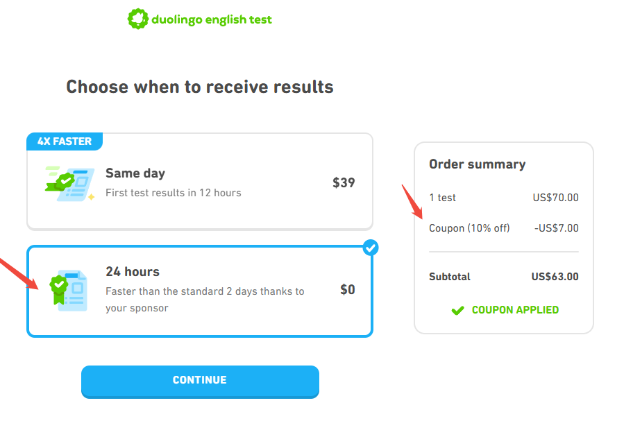 An image showing the price of the Duolingo English Test after a 10% discount.