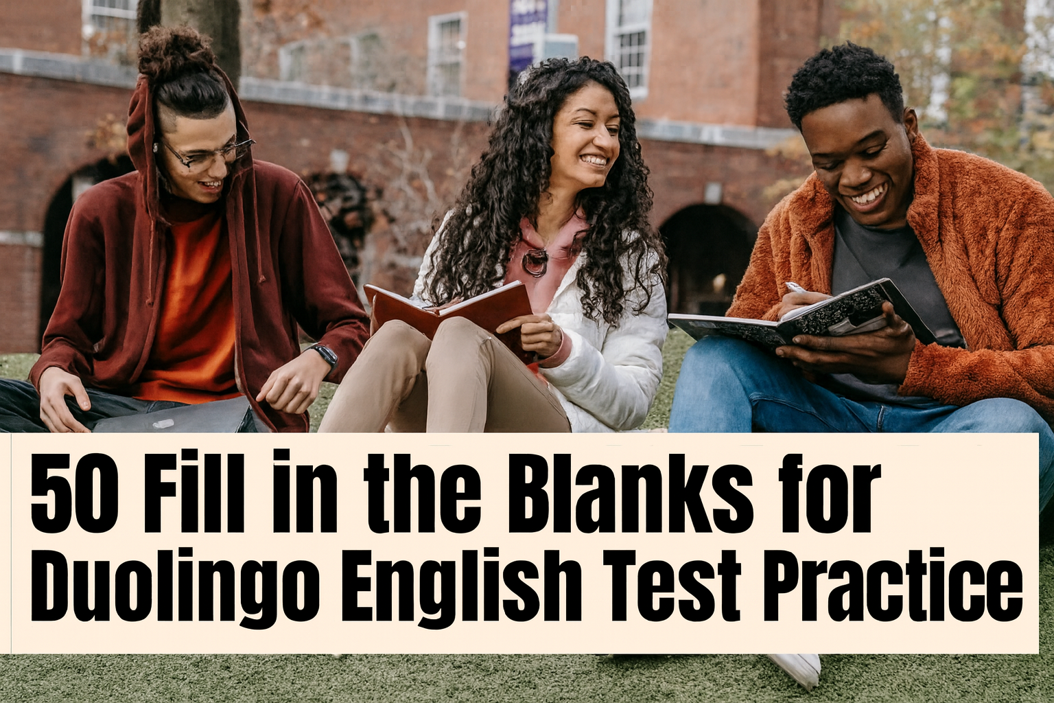 A cover of the blog post: 50 Fill in the Blanks for Duolingo English Test Practice