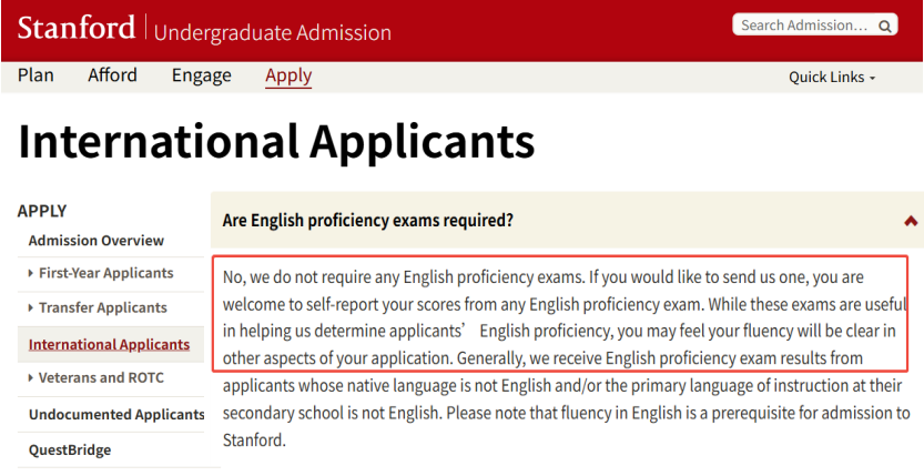 A screenshot regarding Stanford University's English test requirements for undergraduate students.