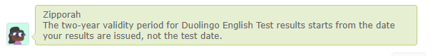 A statement from Duolingo regarding the start date of the 2-year validity period for English test scores.