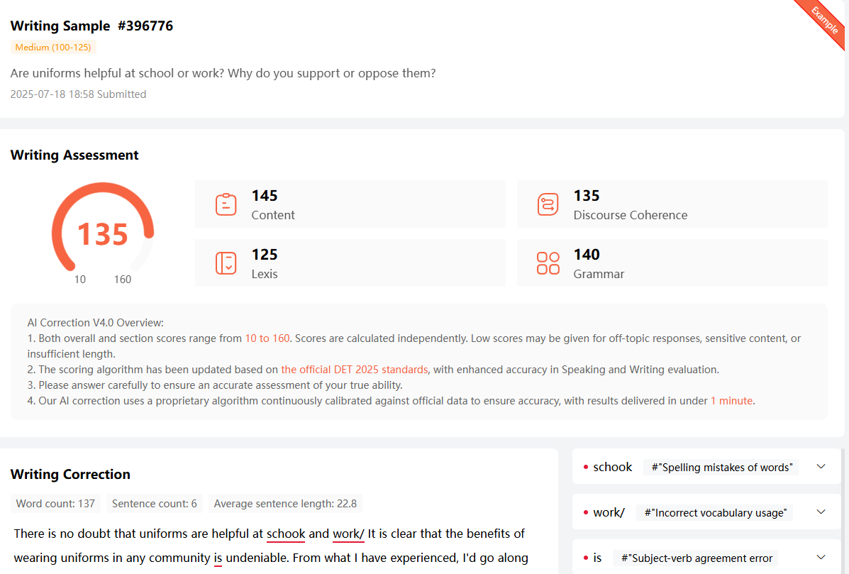 A screenshot from DETPractice about AI Correction.