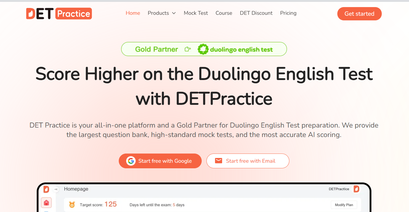 A screenshot of the DETPractice website