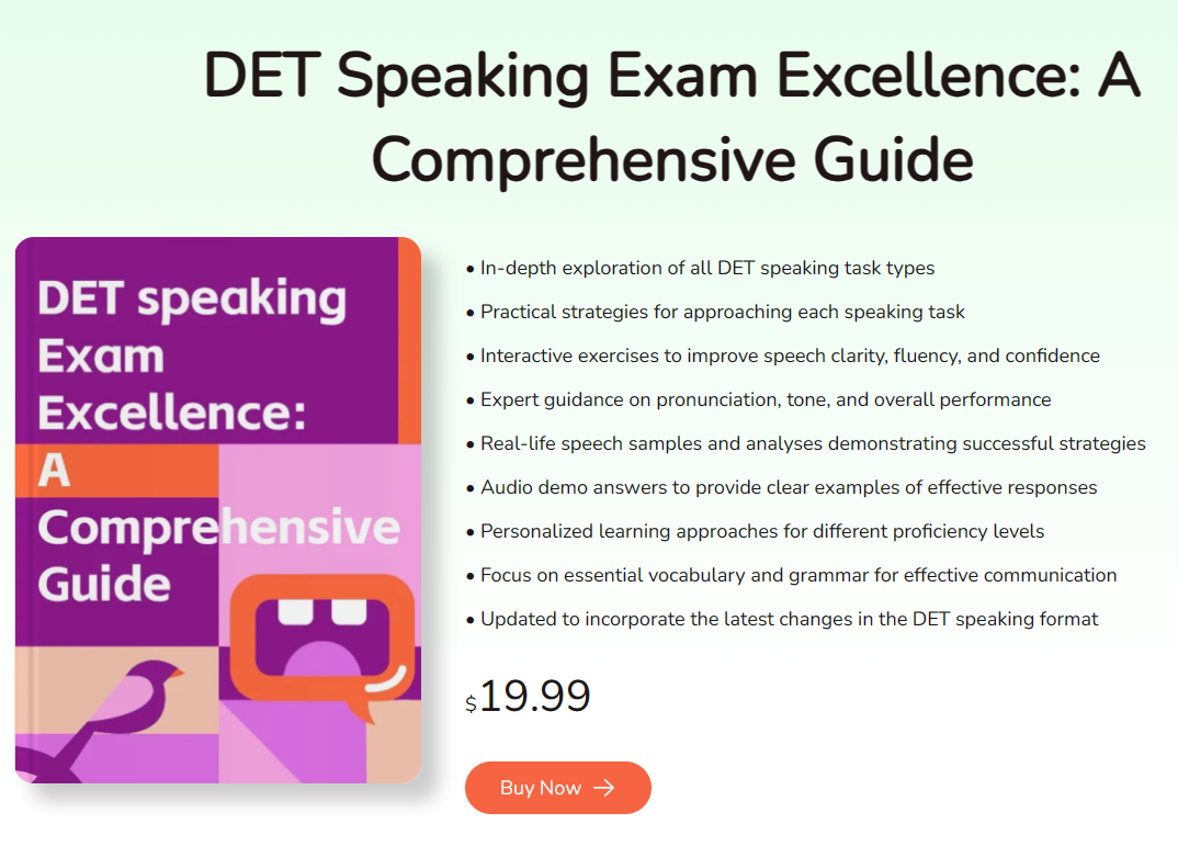 A screenshot from the DETPractice website about the Speaking Exam course.